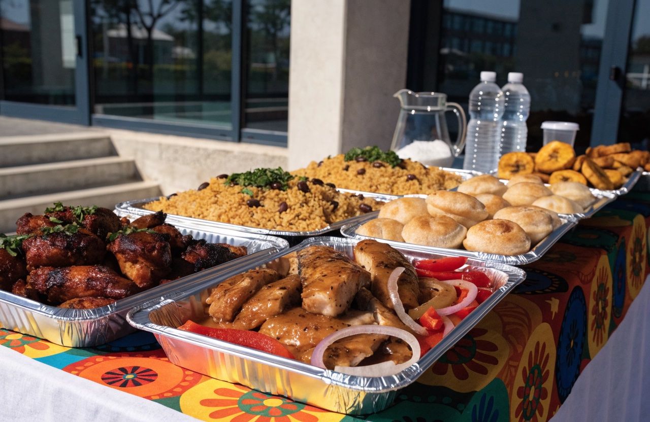 A catering table with foil trays of jerk chicken, rice and peas, fish in a pepper and onion sauce, festival dumplings and fried plantain.