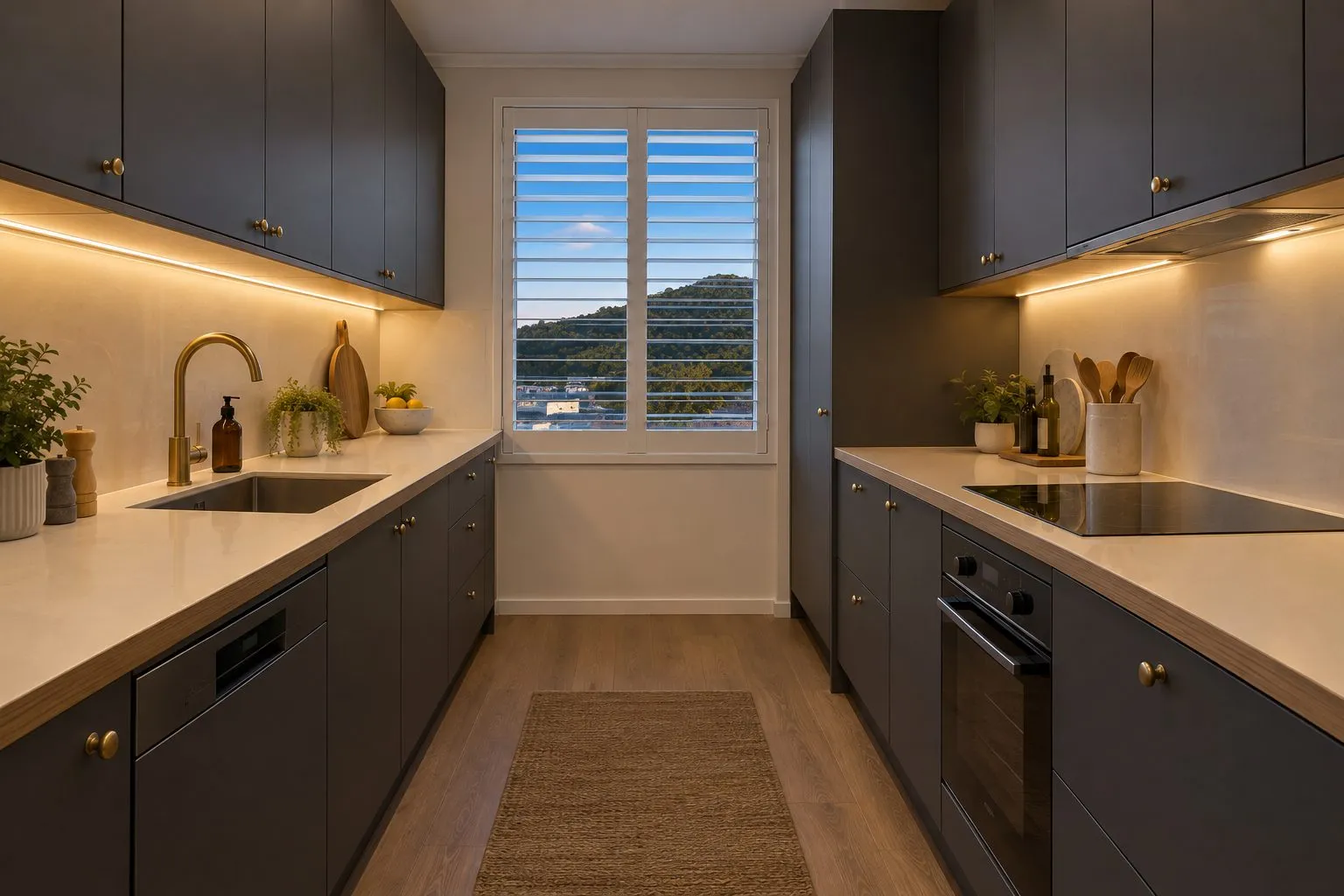 A narrow galley kitchen with charcoal grey cabinets on both sides, warm strip lights and a window at the end with hills outside