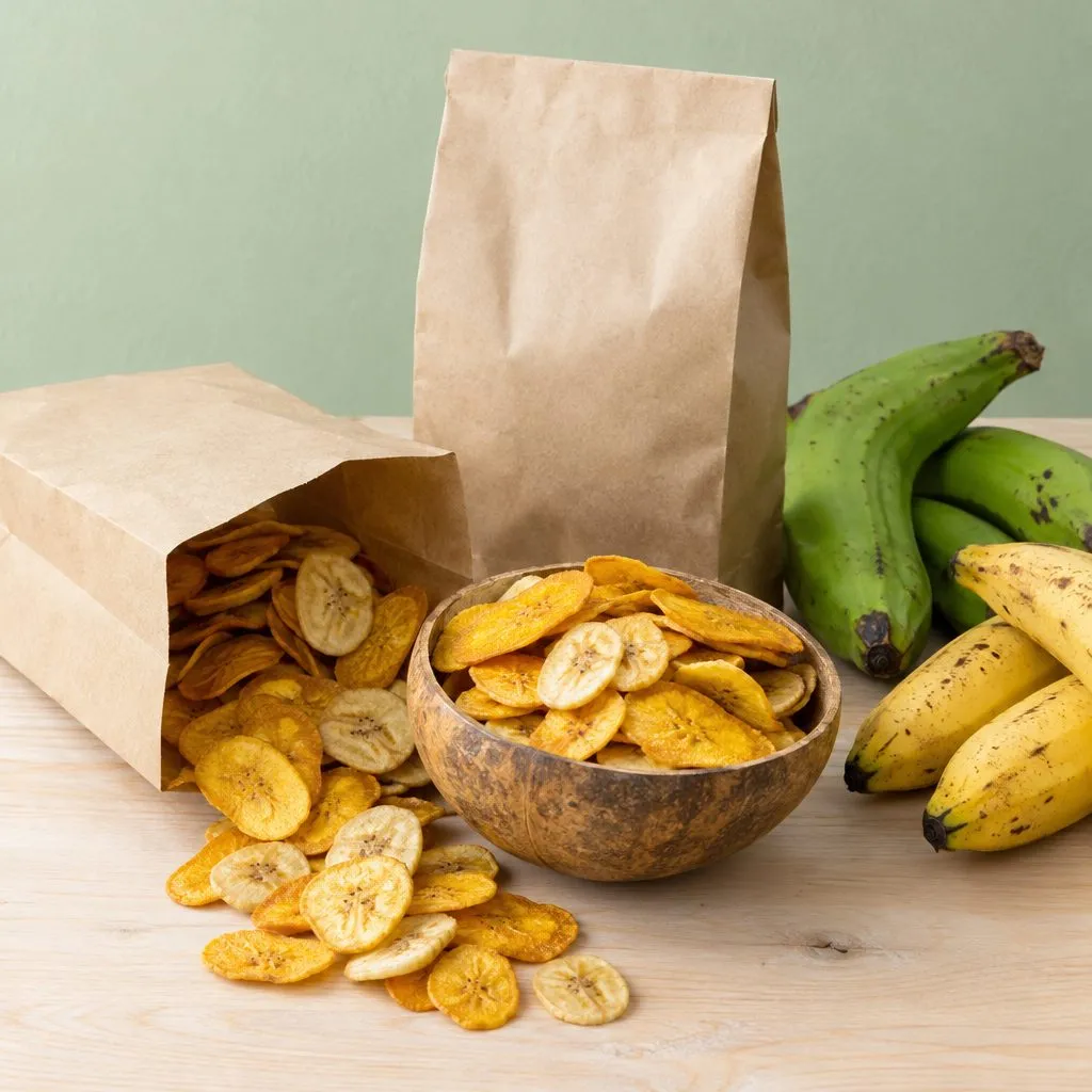 Ripe plantain chips spilling from a paper bag