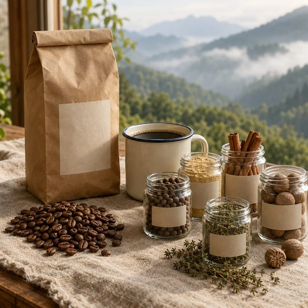 A pile of roasted coffee beans on linen