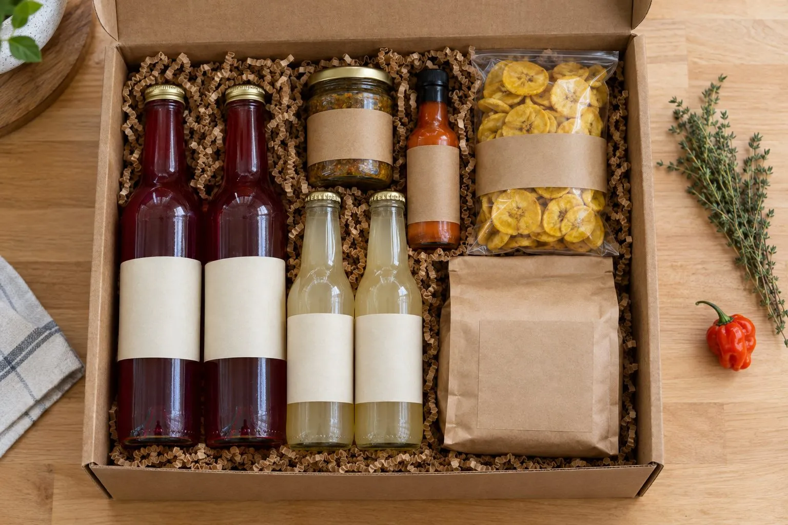 An open delivery box packed with paper filler, two bottles of sorrel, two bottles of ginger beer, a jar of seasoning, pepper sauce, plantain chips and a bag of coffee