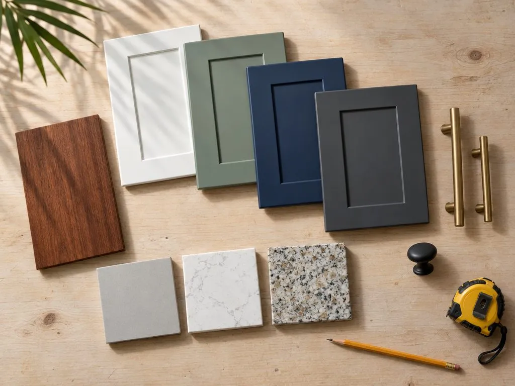 Samples laid out on a workbench: painted cabinet doors in white, sage, navy and charcoal, a piece of mahogany, three countertop chips and brass handles