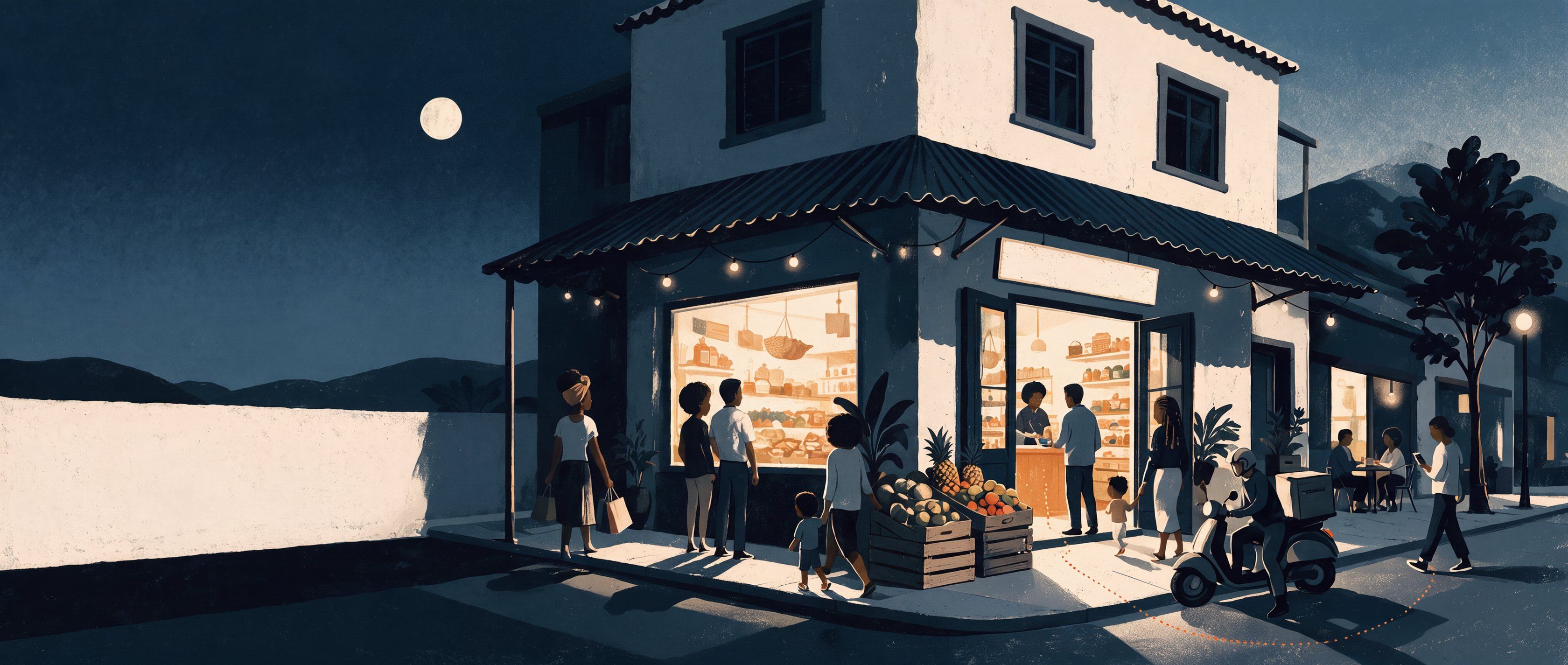 A busy corner shop at dusk: customers looking in the lit window, a family walking in, a man paying at the counter, a delivery rider outside and friends at a café table.