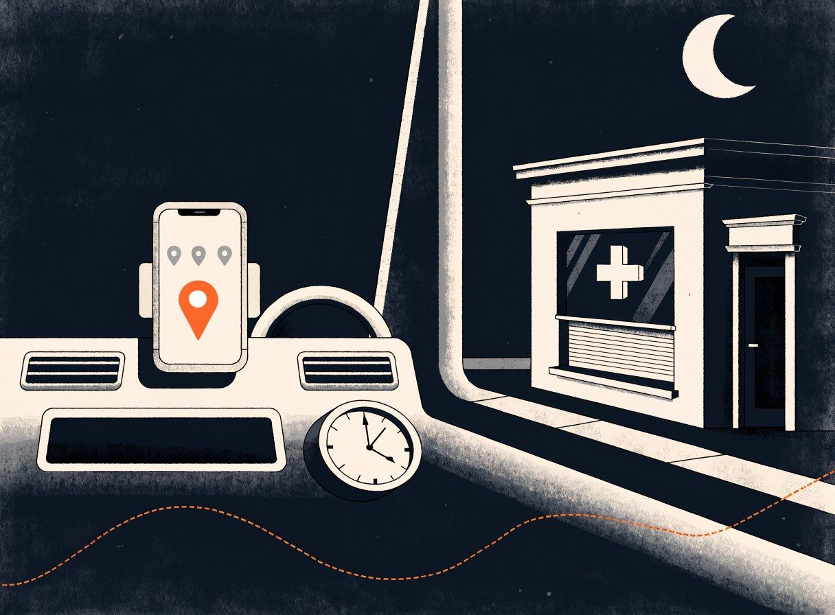 A phone on a car dashboard showing a map with one orange pin, a pharmacy across the road.