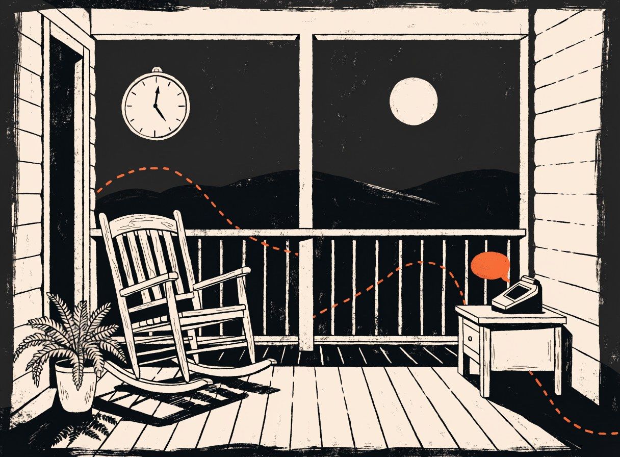 A guest house verandah at night, a phone lighting up with a message beside an empty rocking chair.