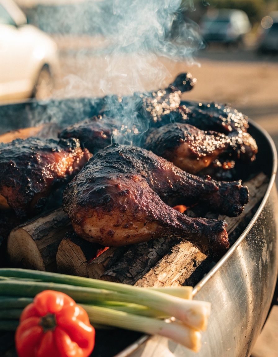 Jerk chicken with a dark, glossy glaze smoking on a steel drum grill over pimento wood, with a scotch bonnet pepper and spring onion beside it.