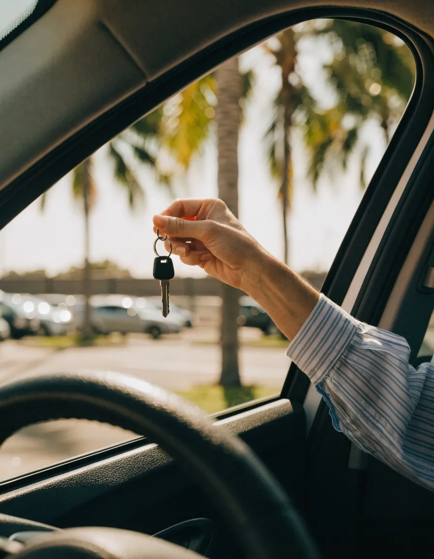 A hand holding car keys out of a car window, palm trees in the background.