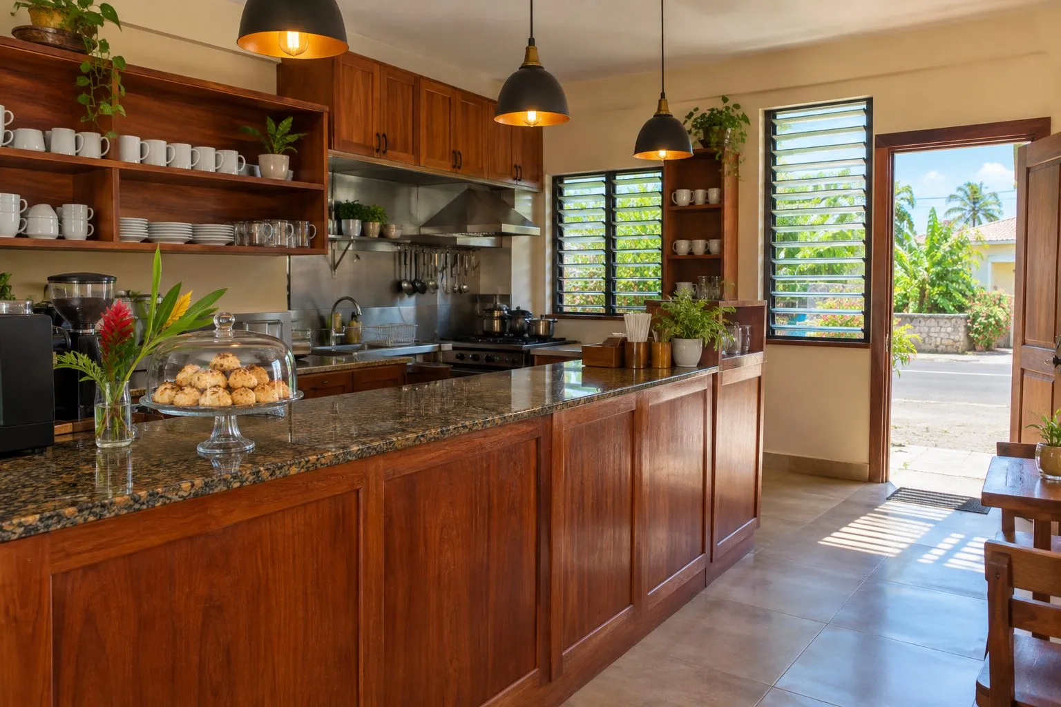 A café counter in rich mahogany wood with a speckled granite top, shelves of white cups and louvre windows onto the street