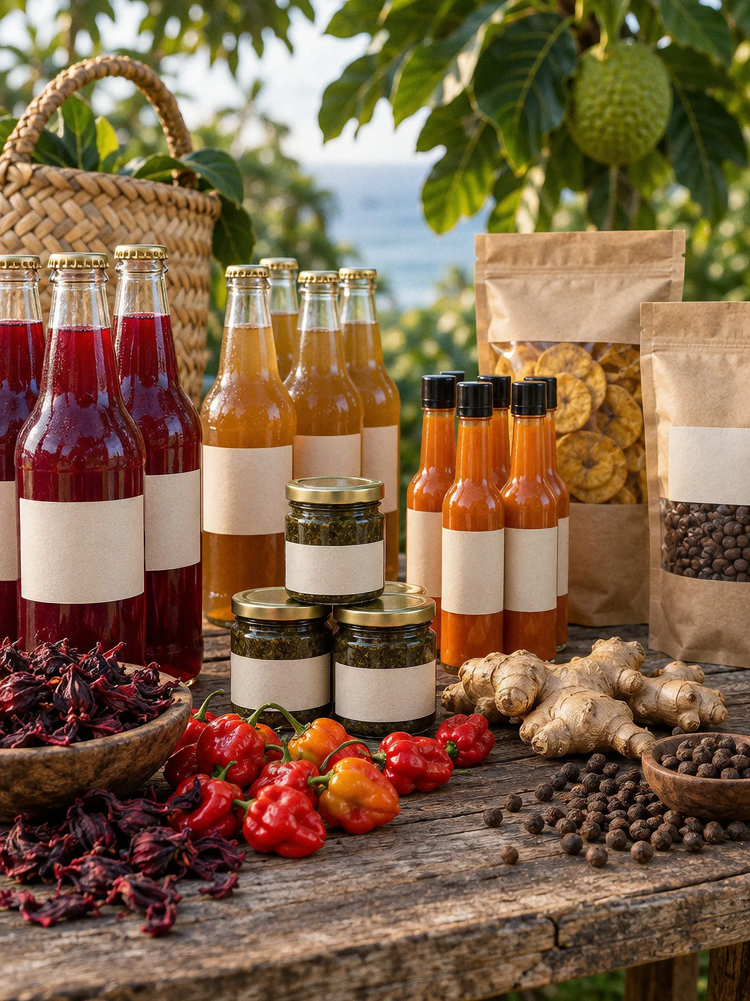 A wooden market table with bottles of sorrel drink and ginger beer, jars of jerk seasoning, pepper sauce, bags of plantain chips and coffee, scotch bonnet peppers and fresh ginger