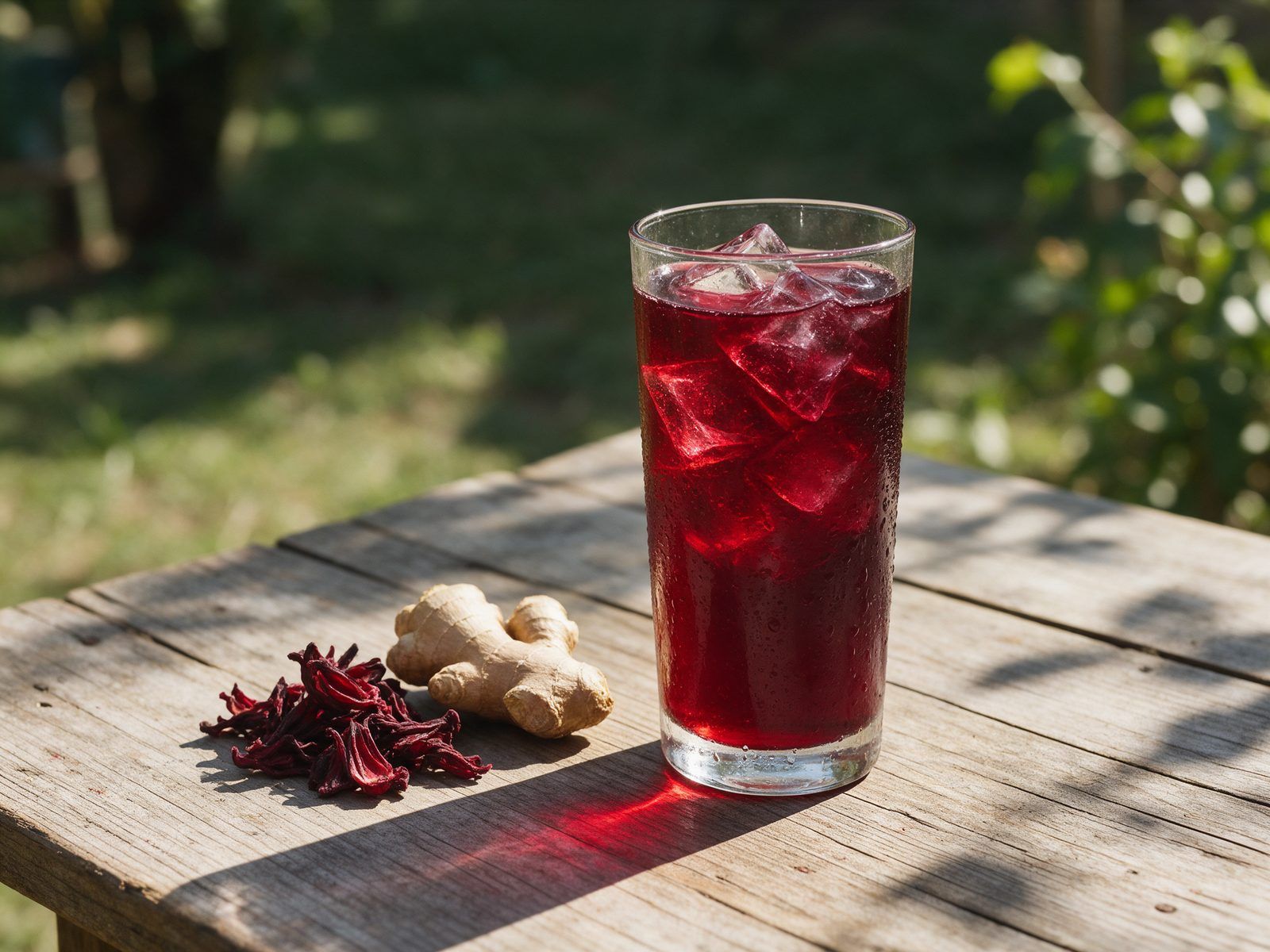A tall glass of iced sorrel in the sun, with dried sorrel and fresh ginger beside it.