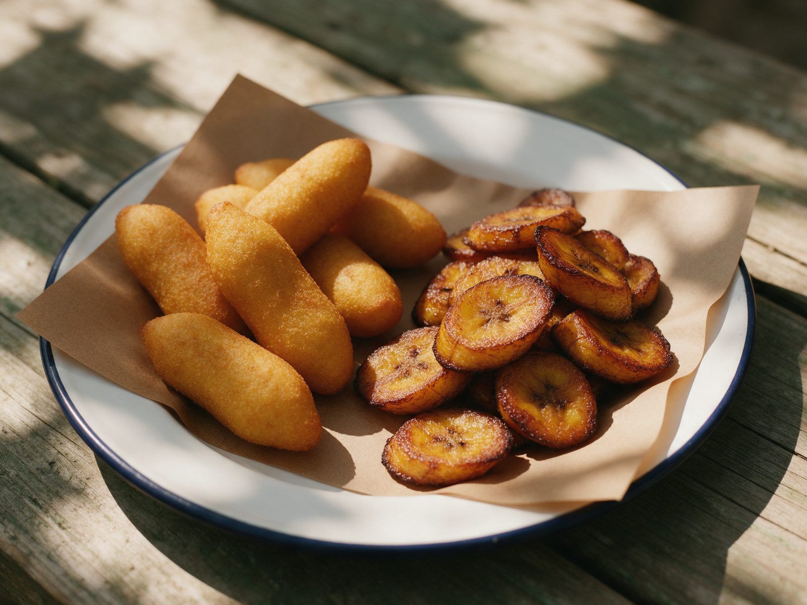 Golden festival dumplings and caramelised fried plantain on brown paper.