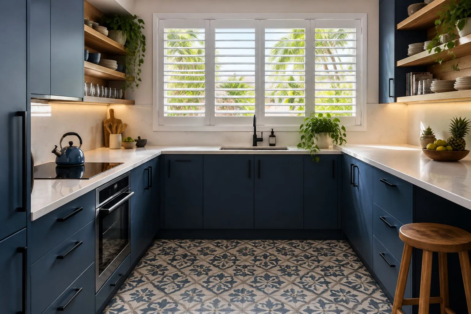 A navy blue U-shaped kitchen with white quartz counters, wooden shelves and patterned floor tiles, white shutters behind
