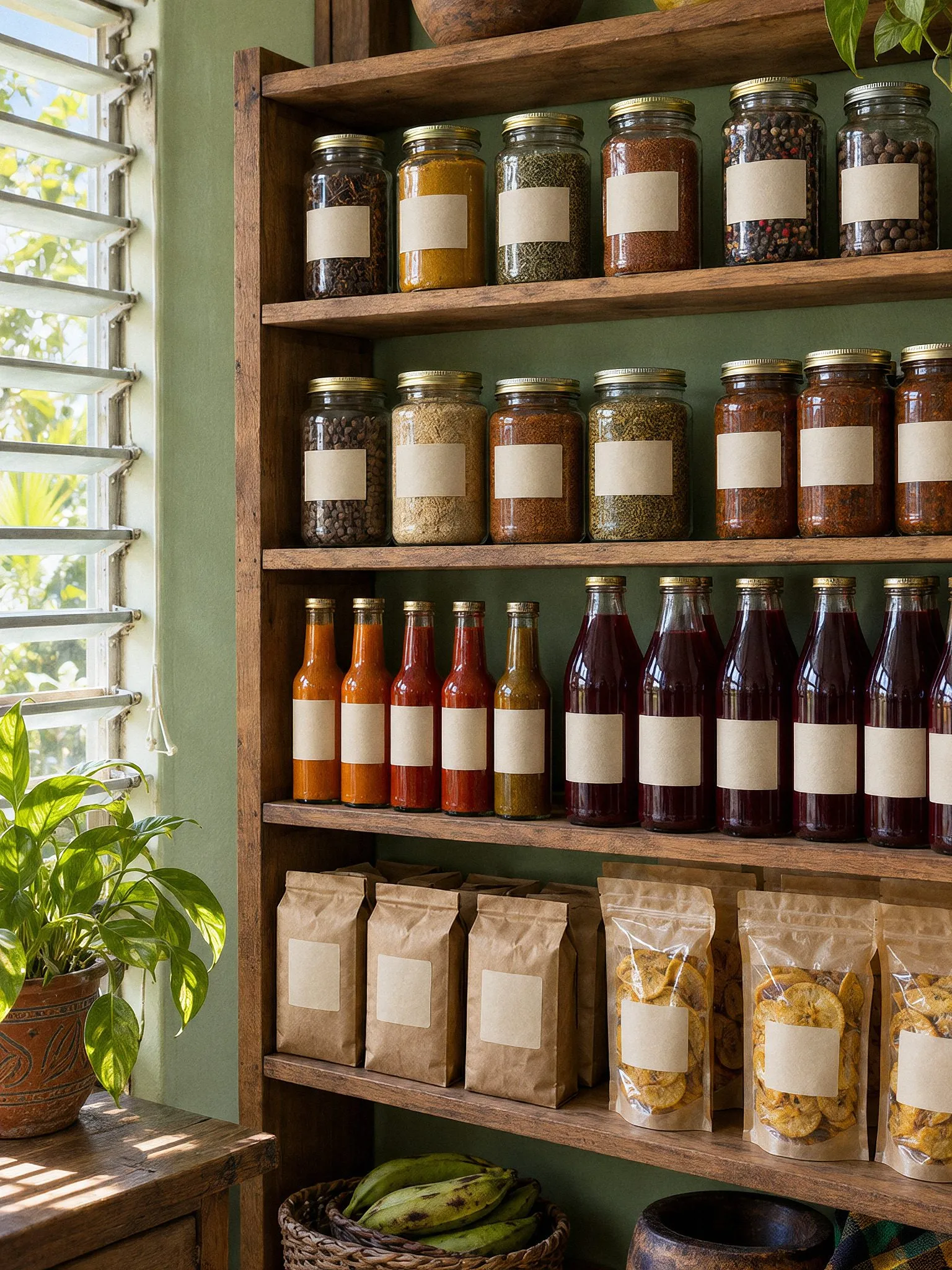 Glass jars of yellow curry powder and spices on a wooden shelf