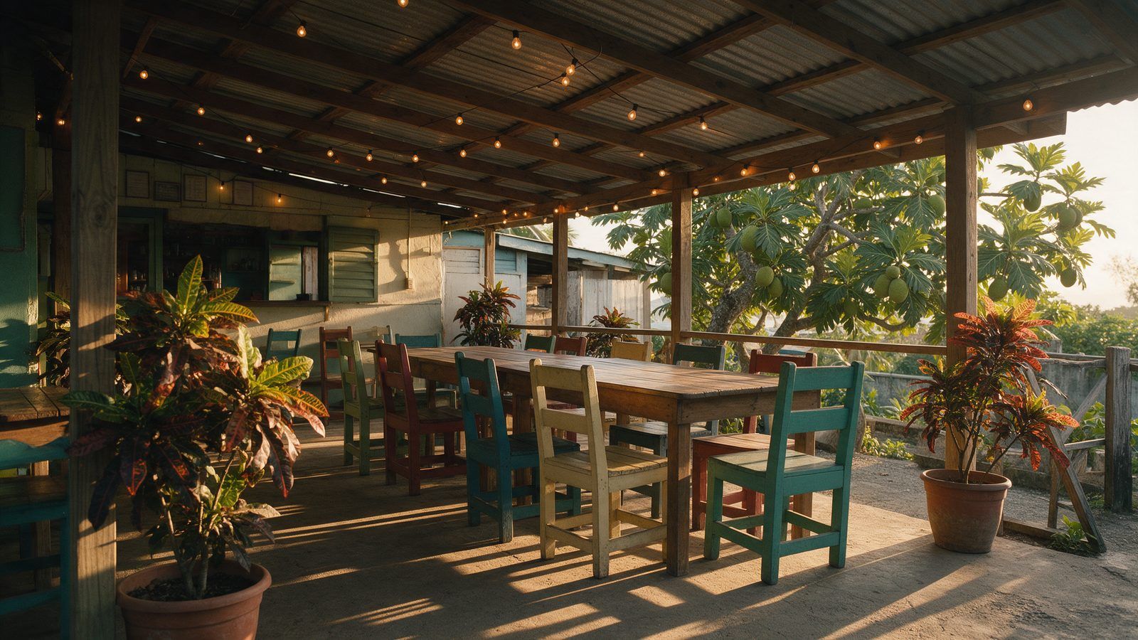 Our covered patio: long wooden tables, painted chairs and string lights under a zinc roof.
