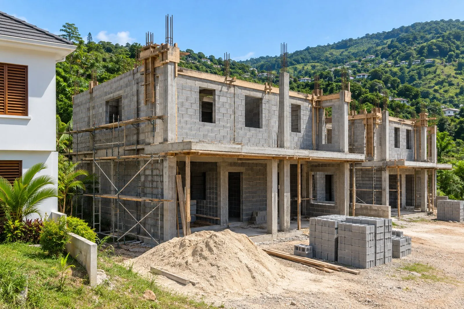 Phase 2 townhouses under construction: grey block walls, concrete columns and scaffolding, with a finished Phase 1 home at the edge and green hills behind