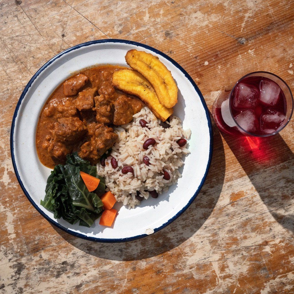 A lunch plate seen from above: curry goat, rice and peas, fried sweet plantain, steamed greens and carrot, with a cold glass of sorrel.