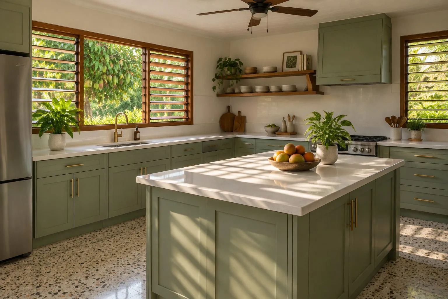A sage green kitchen with a matching island and white quartz top, sun coming through wooden louvre windows