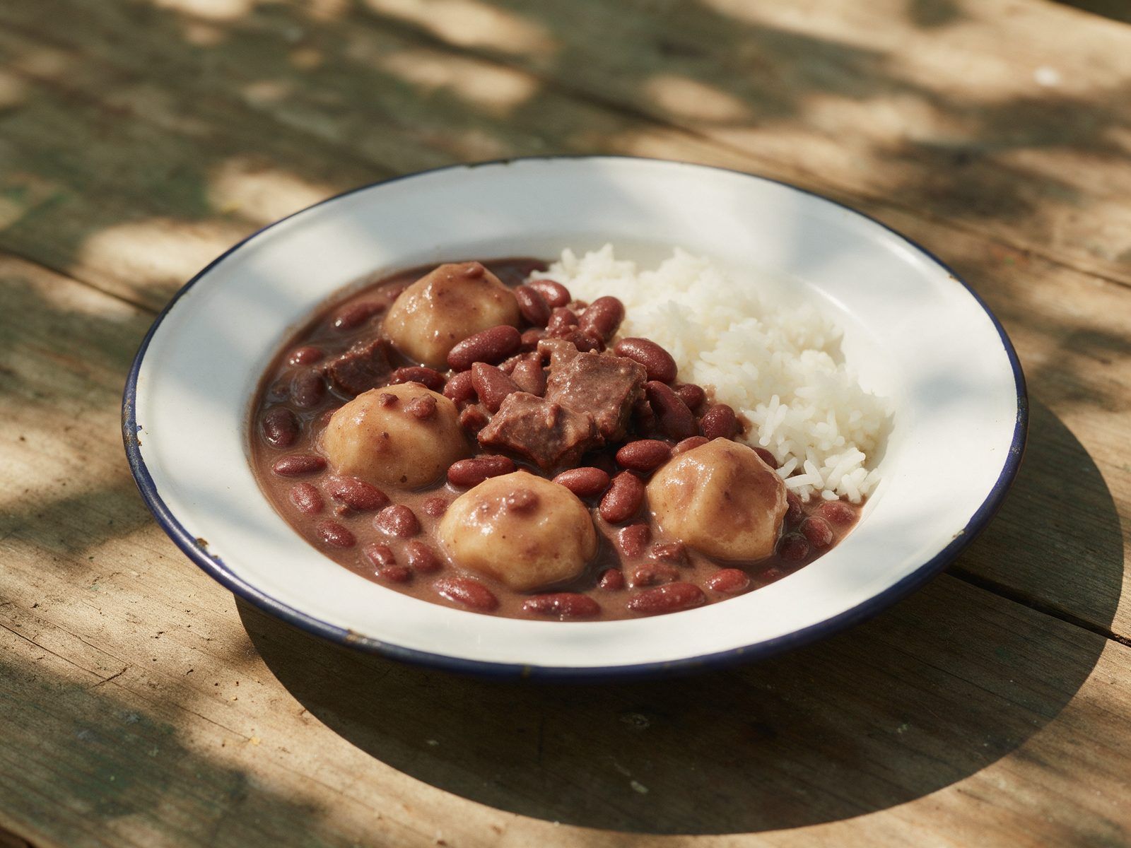 A bowl of stew peas with salted beef and flour spinners, with white rice.