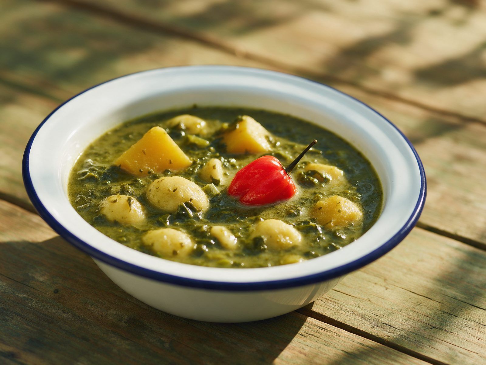 A bowl of green pepperpot soup with yam, spinners and a whole scotch bonnet pepper.