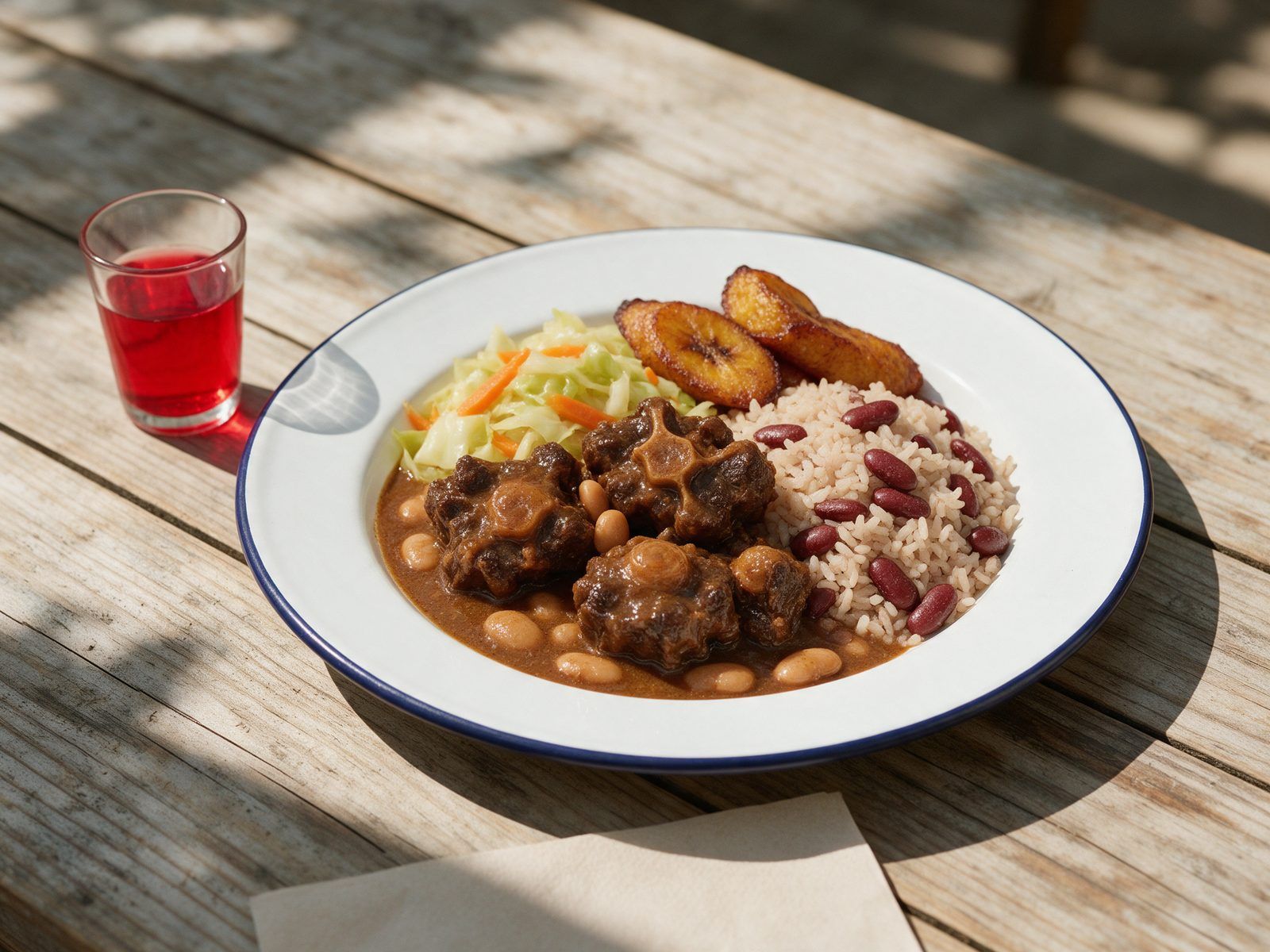 A large oxtail plate with butter beans, rice and peas, fried plantain and steamed cabbage.