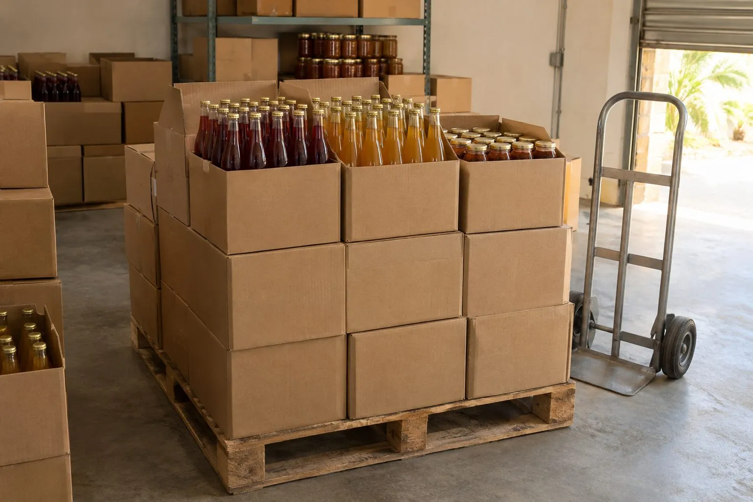 Cases of sorrel drink, ginger beer and jars of seasoning stacked on a pallet in a stockroom, ready to go out