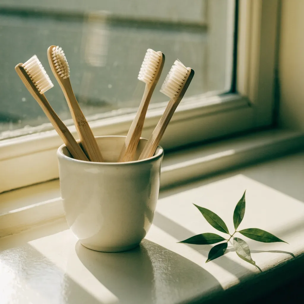 Four bamboo toothbrushes in a cream cup on a sunny windowsill