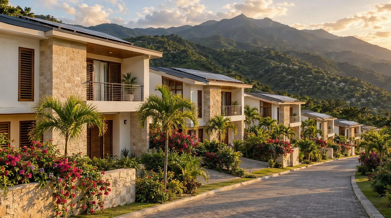 New two-storey townhouses with stone walls and timber shutters along a curving private road, with palms, bougainvillea and green hills behind at sunset