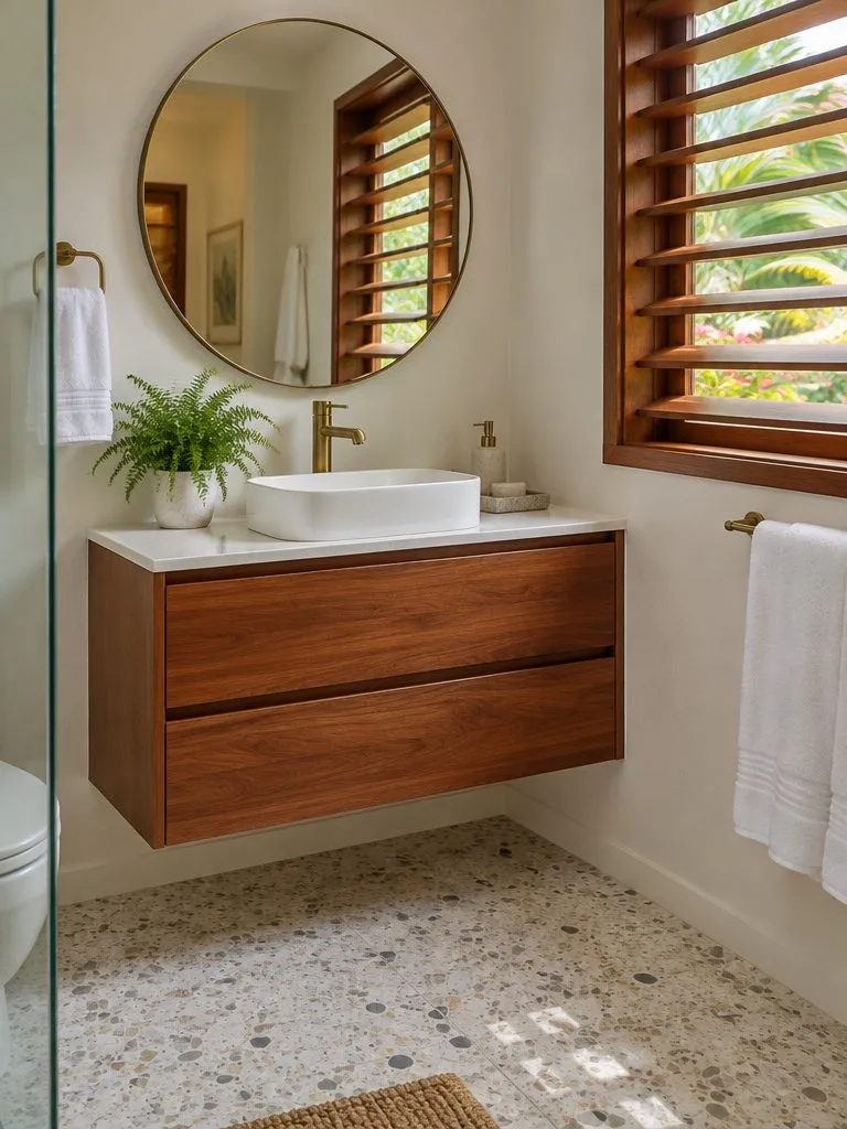 A wall-hung mahogany bathroom vanity with two drawers, a white basin on a quartz top, a round mirror and a louvre window