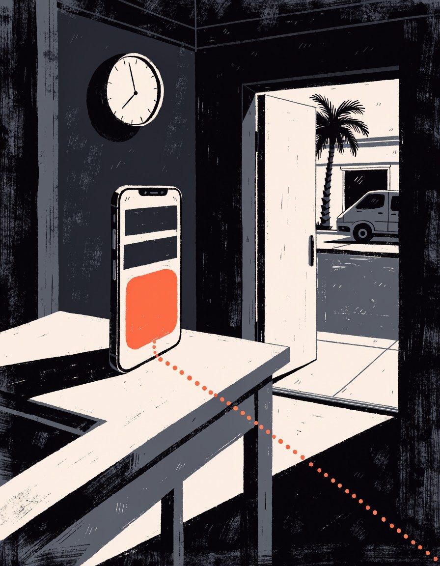 A phone standing on a shop counter like a sign, showing a website, the door open to a sunny street.