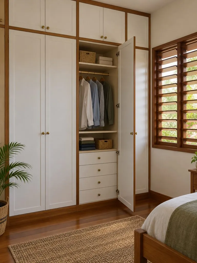 A tall built-in wardrobe with white doors and wood trim, one door open to show shelves, drawers and a hanging rail