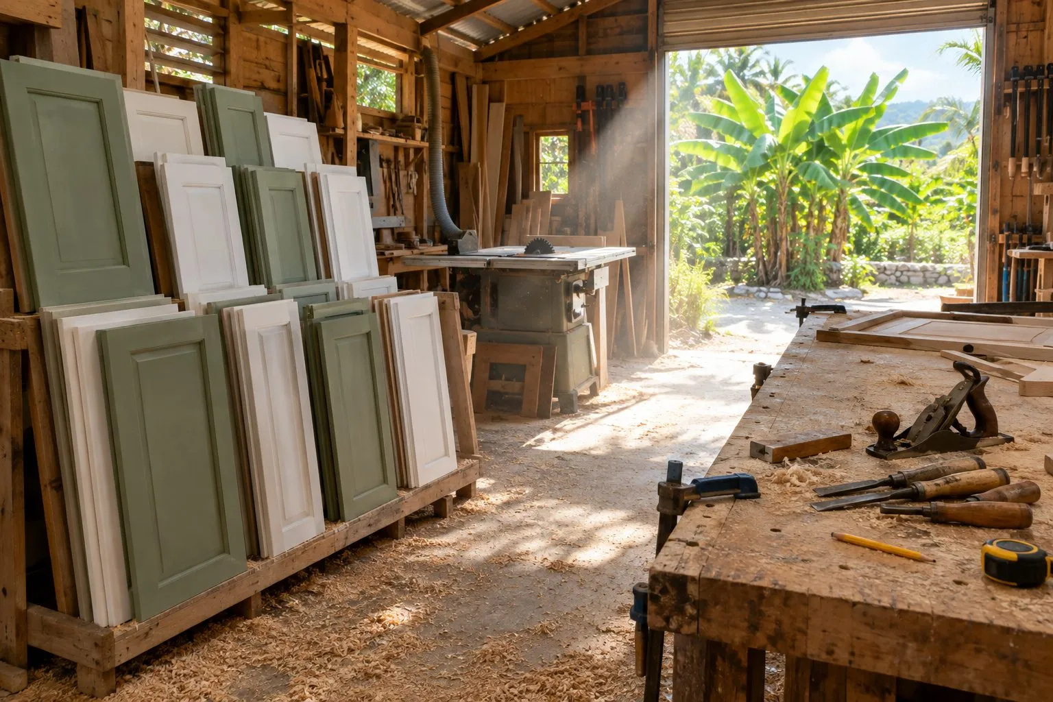 Our workshop: sanded cabinet doors in sage and white stacked on a rack, chisels and a plane on the workbench, sun through the open door